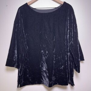 Soft Surroundings Women Crushed‎ Velvet Top 1X Black Blouse Holiday 3/4 Kimono